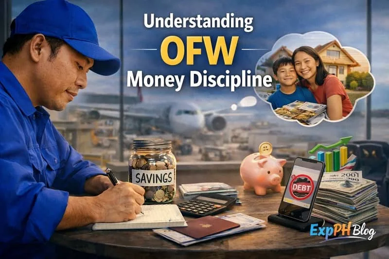 Filipino OFW writing budget notes beside savings jar and piggy bank at airport with family image, representing understanding OFW money discipline, with ExpPH Blog logo
