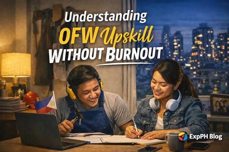 Filipino couple studying together at night with laptop and notes, representing Understanding OFW Upskill Without Burnout with ExpPH Blog logo visible.