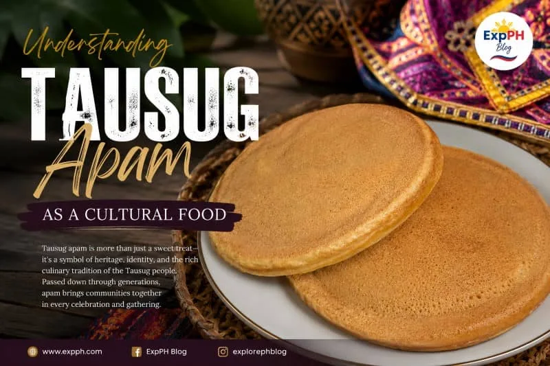 Traditional Tausug apam displayed on a plate with colorful Tausug cultural fabric in the background, highlighting the importance of apam as a cultural food of the Tausug people.