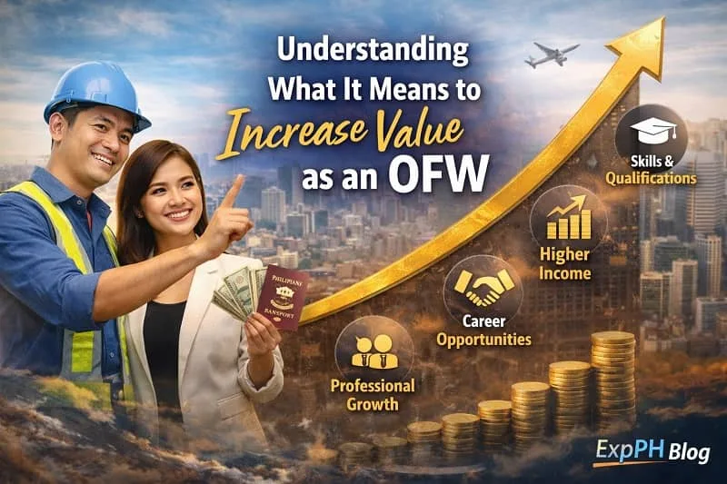 Filipino OFW professional reviewing career growth plan with global background and ExpPH Blog logo representing skill development and professional value.