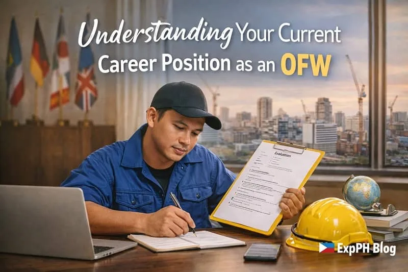 Filipino overseas worker reviewing career position and skills abroad using a clipboard and laptop, with ExpPH Blog logo visible