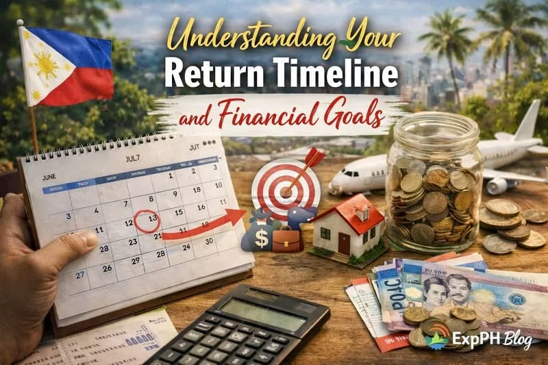 Filipino return planning image showing calendar, savings jar, Philippine peso bills, airplane, target icon, and financial goals for returning home