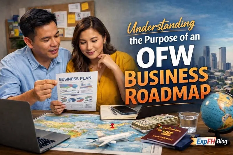 Filipino couple reviewing a business plan at home while planning their OFW Business Roadmap with laptop, passport, money, and ExpPH Blog logo visible