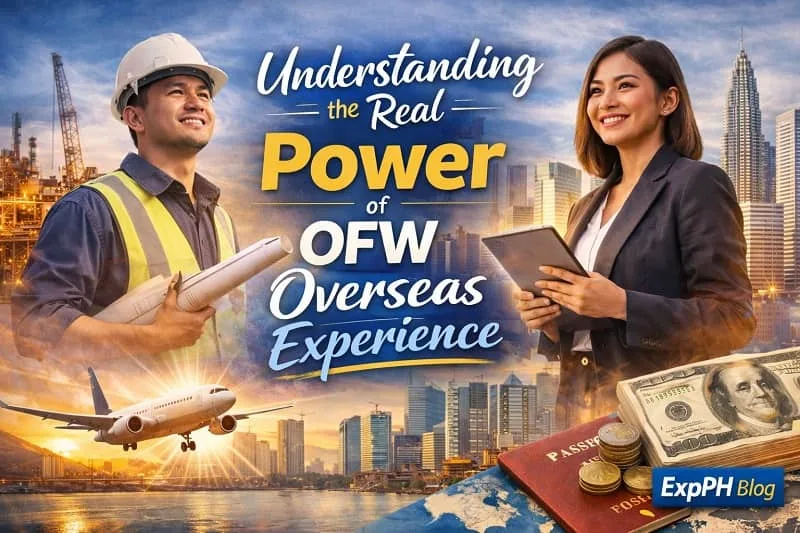 Filipino OFW engineer and business professional representing the real power of OFW Overseas Experience with global city background and ExpPH Blog logo