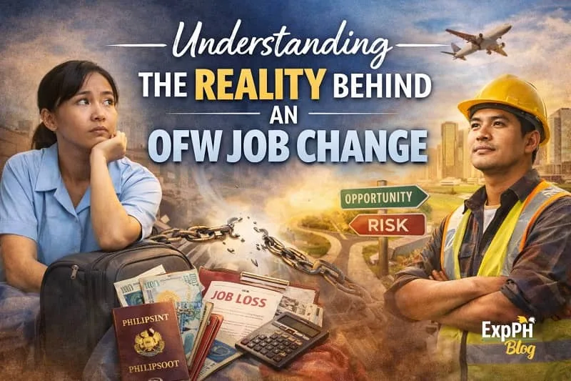 Filipino OFWs reflecting on job change risks and opportunities with airport background, broken chains, passport, money, and career decision signs