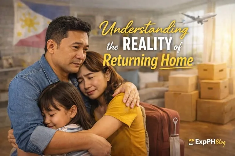 Filipino returning OFW standing in a Philippine home with luggage and family, reflecting on relocation, Understanding the Reality of Returning Home with ExpPH Blog logo