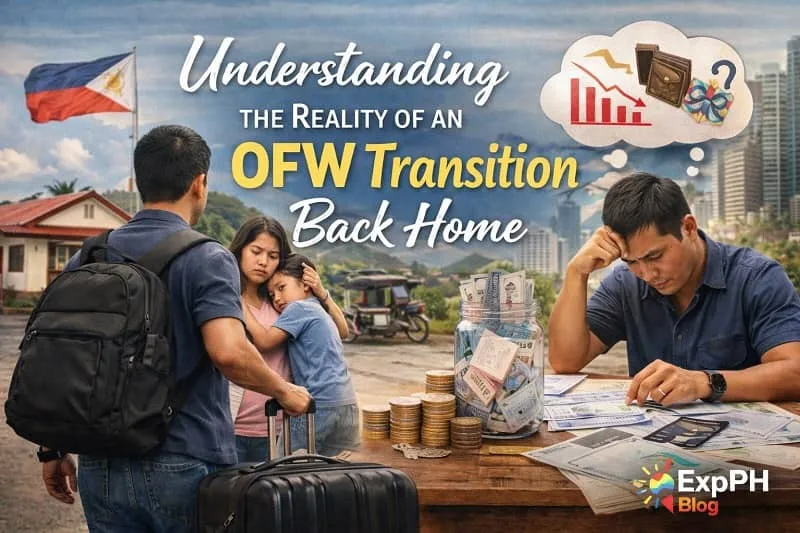 Filipino OFW returning home with luggage facing family while reviewing finances and savings, realistic setting with ExpPH Blog logo