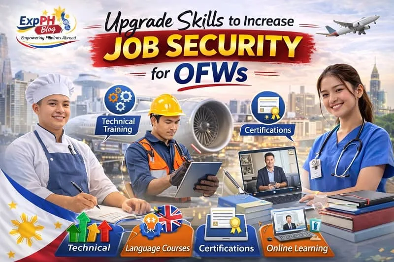Filipino OFWs including chef, construction worker, and nurse upgrading skills through technical training and online learning to improve job security abroad.