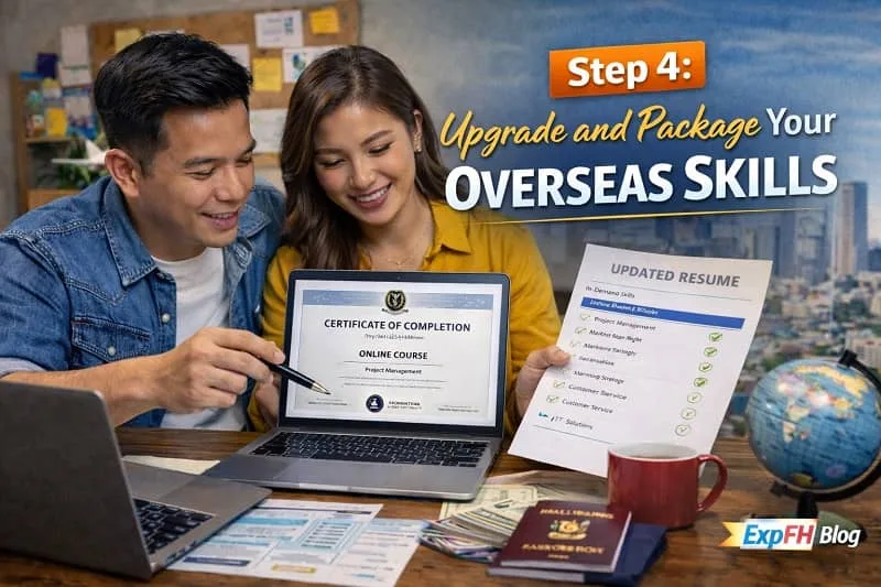Filipino couple reviewing online course certificate and updated resume while upgrading overseas skills with ExpPH Blog logo visible