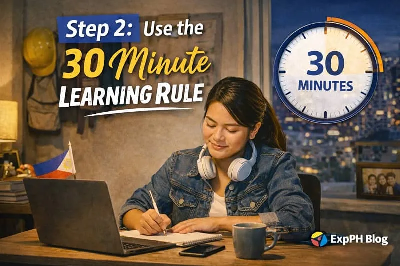 Filipina OFW studying with a laptop and timer showing 30 minutes, representing the 30 Minute Learning Rule with ExpPH Blog logo visible.