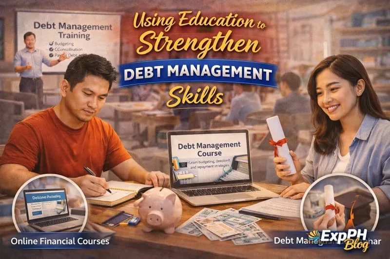 Filipino learners attending financial education session to strengthen debt management skills with ExpPH Blog logo
