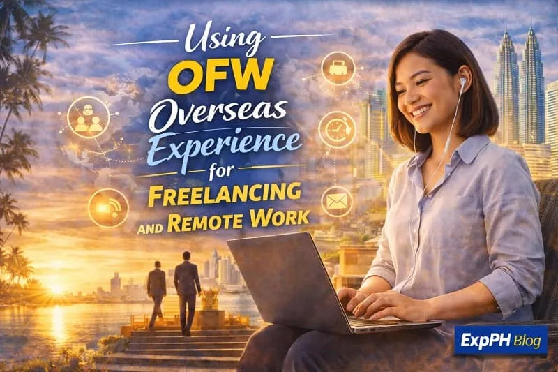 Filipino OFW working remotely on laptop representing freelancing and remote work using overseas experience with ExpPH Blog logo