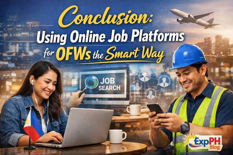 Filipino OFWs using a laptop and smartphone to search for jobs online, with a city background, job search icons, and ExpPH Blog logo, representing smart job platform use