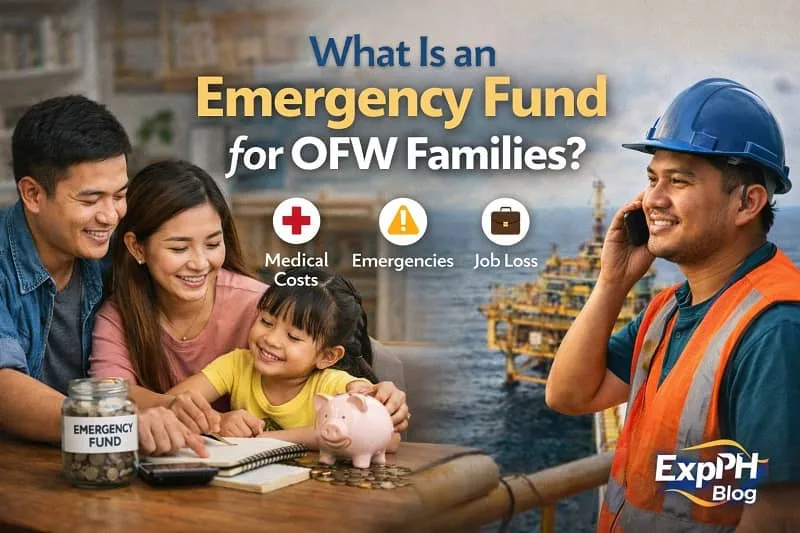 Filipino family saving money at home while an OFW works abroad, explaining what an emergency fund for OFW families is and why it matters