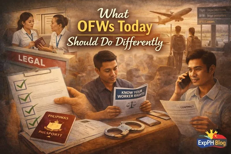 Realistic image showing Filipino OFWs reviewing documents, verifying contracts, learning worker rights, and preparing for overseas work responsibly