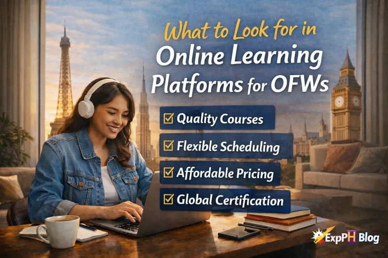 Filipina OFW reviewing online learning platform on laptop with checklist of quality courses, flexible scheduling, affordable pricing, and certification, with ExpPH Blog logo