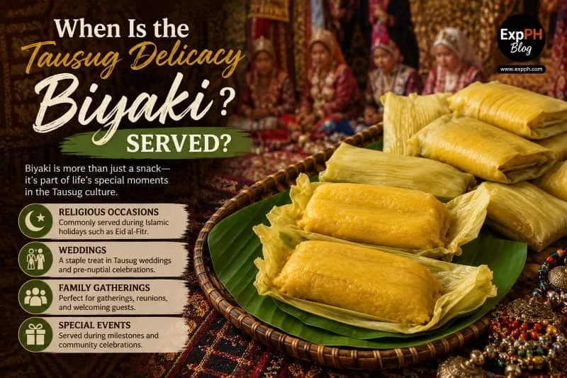 Traditional Tausug Biyaki delicacy wrapped in corn husks and served on banana leaves, displayed during a cultural gathering with Tausug attire and festive decorations, featuring the ExpPH Blog logo.