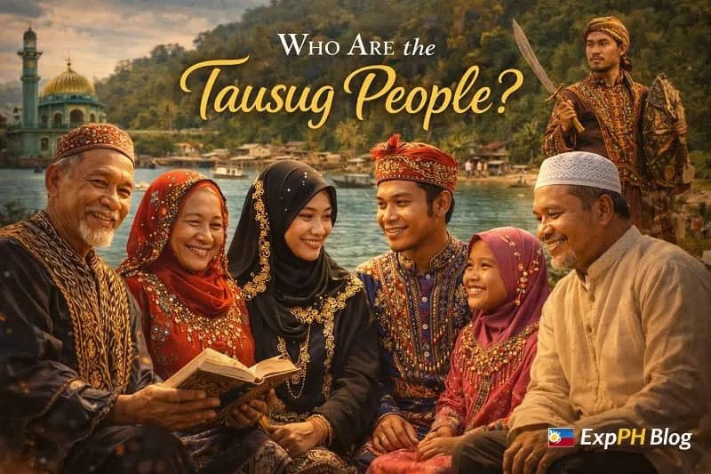 Tausug family in traditional attire in Sulu with mosque and coastal village background representing Tausug culture and heritage