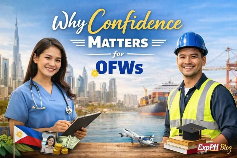 Confident Filipino nurse and construction worker overseas with text Why Confidence Matters for OFWs and ExpPH Blog logo