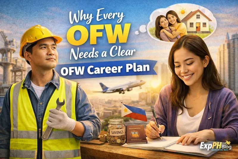 Filipino OFW reviewing career goals with notebook, laptop, and passport while construction worker looks forward confidently, with ExpPH Blog logo