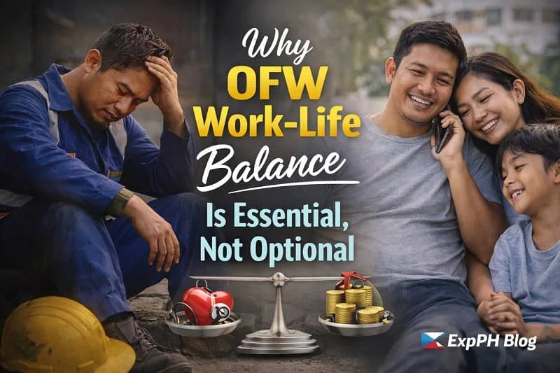 Filipino OFW balancing demanding overseas work and family well-being, showing why OFW work-life balance is essential