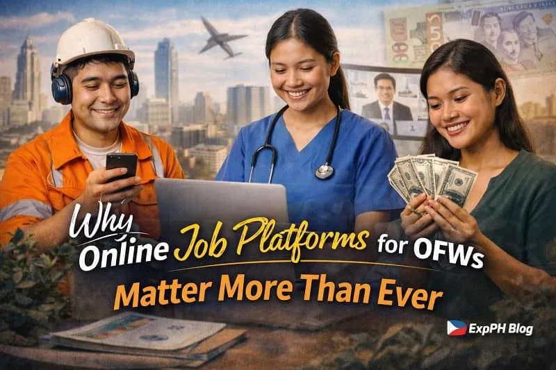 Filipino OFWs using online job platforms on laptops and mobile phones while exploring better career opportunities abroad with ExpPH Blog logo visible
