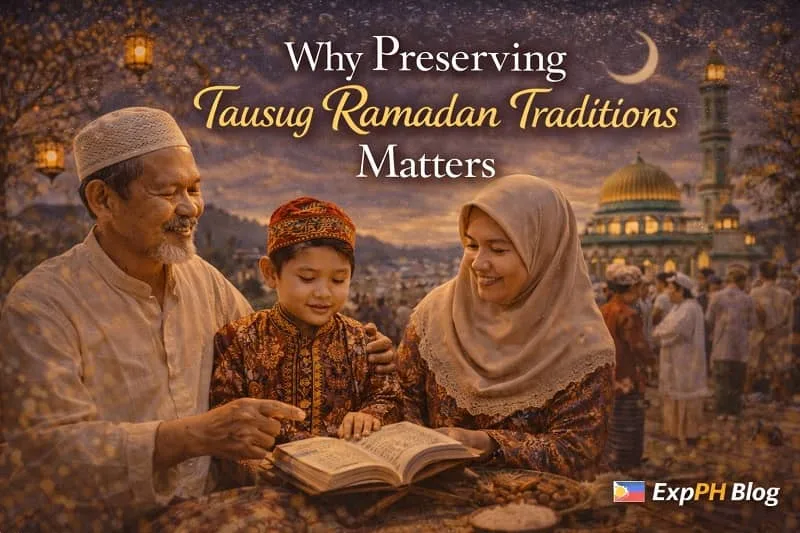 Three generations of Tausug family reading Quran together in Sulu during Ramadan with mosque in background