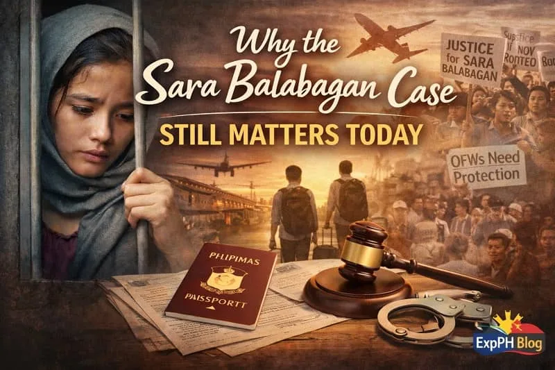 Realistic image showing Filipino OFWs, legal symbols, protest for justice, and overseas travel scenes explaining why the Sara Balabagan Case still matters today