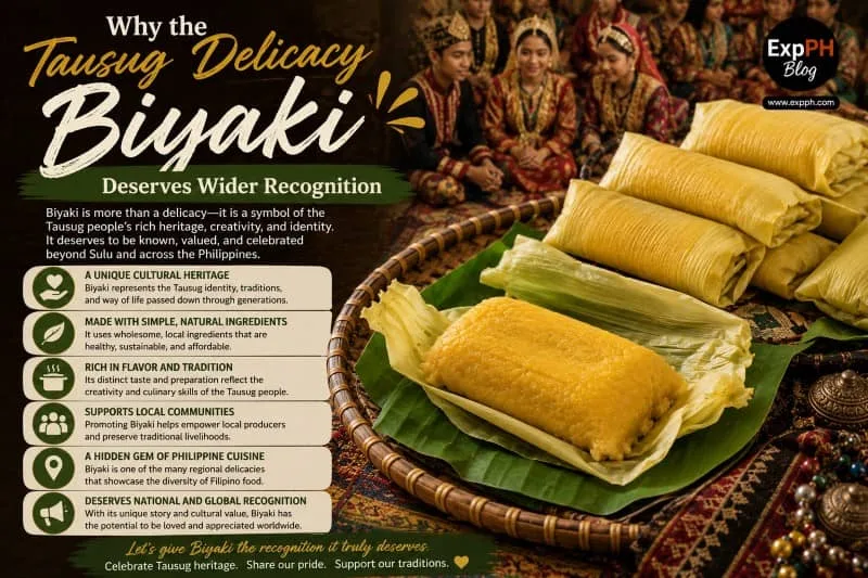 Traditional Tausug Biyaki delicacy served on banana leaves with people in traditional Tausug attire in the background, highlighting the cultural importance and heritage of Biyaki, featuring the ExpPH Blog logo.