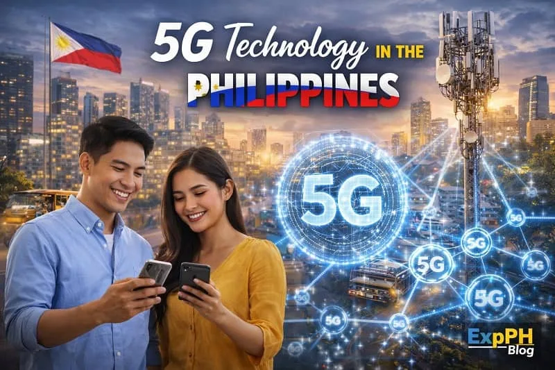 Filipino couple using smartphones with 5G network signals and tower in a modern Philippine city