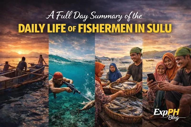 Collage of Filipino fishermen in Sulu showing sunrise boat launch, spearfishing, afternoon fish market, and family bonding at sunset with ExpPH Blog logo.