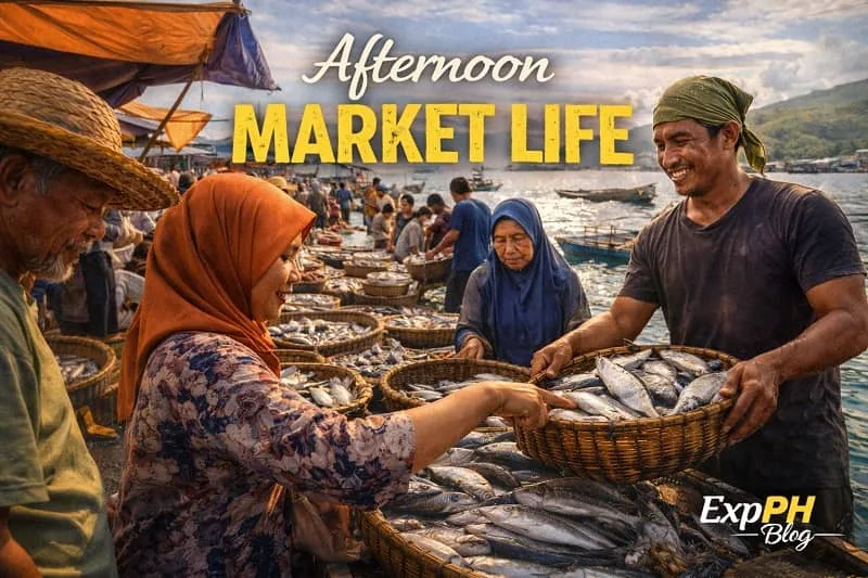 Filipino fishermen and vendors selling fresh fish in a coastal afternoon market in Sulu with wooden stalls and ExpPH Blog logo visible.