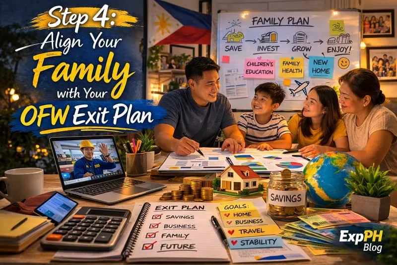 Filipino family discussing OFW exit plan at home with savings, house model, laptop video call, and ExpPH Blog logo