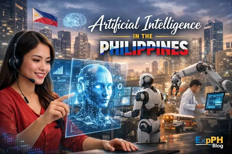 Filipina professional using AI holographic interface with robots and Manila skyline representing artificial intelligence in the Philippines