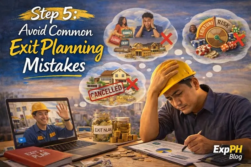 Filipino OFW reviewing financial documents with warning signs about business risks and poor exit planning, with ExpPH Blog logo