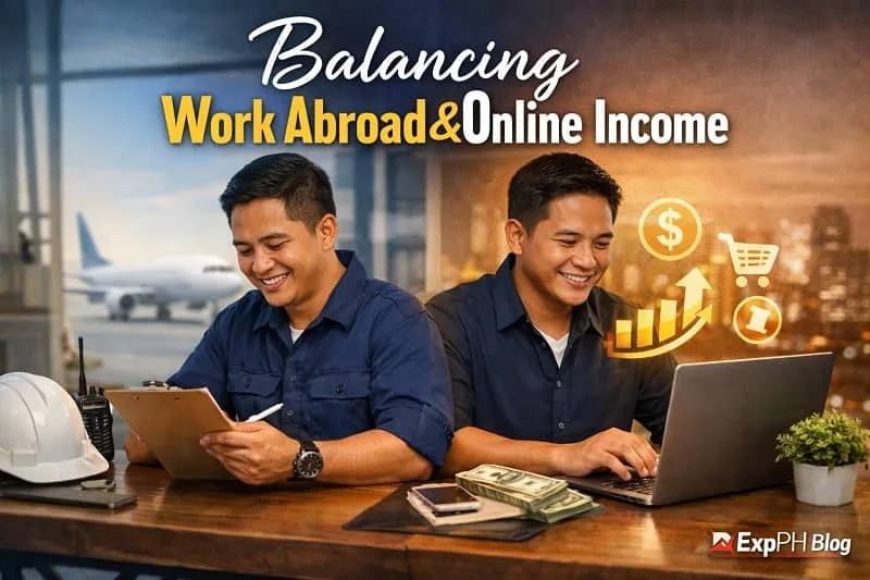 Filipino OFW working on a laptop after shift, managing both overseas job and online income with a focused and determined expression