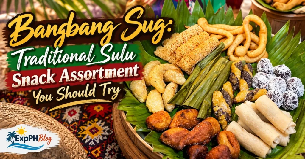Bangbang Sug, a traditional Sulu snack assortment featuring colorful Filipino pastries, rice cakes, fried treats, and leaf-wrapped delicacies arranged on banana leaves.