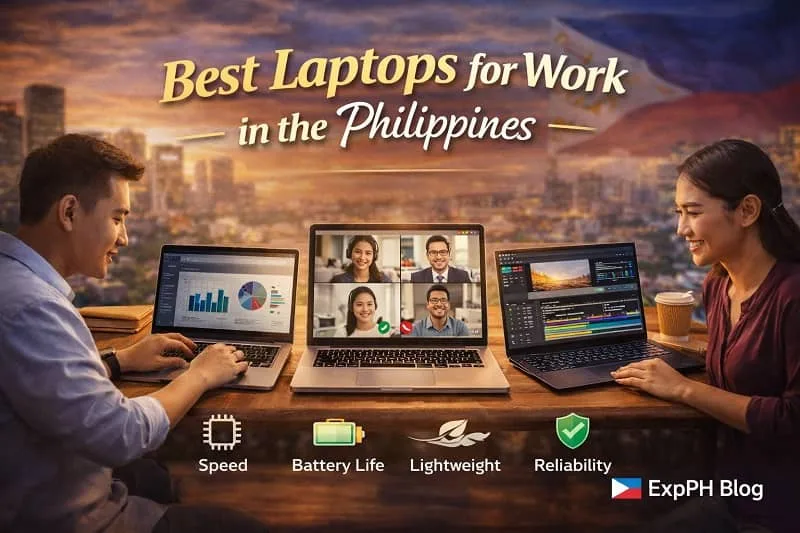 Filipino using modern laptop for work at home setup with productivity tools and ExpPH Blog logo