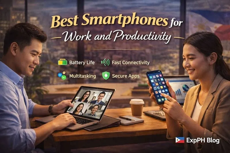 Filipino using smartphone for remote work communication and productivity with apps and ExpPH Blog logo
