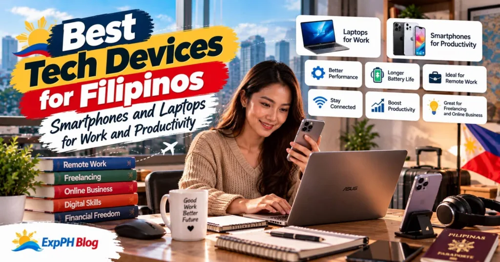 A Filipina using a smartphone beside a laptop in a modern workspace, with productivity accessories and Philippine-themed details representing tech devices for work and remote productivity, featuring ExpPH Blog branding.