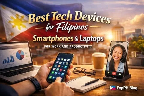 Filipino workspace setup with laptop and smartphone for work and productivity with ExpPH Blog branding