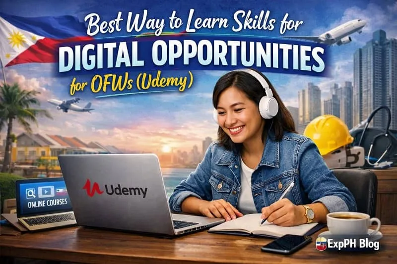 Filipino OFW woman learning digital skills on Udemy using a laptop with headphones, featuring Philippine flag and travel elements in the background