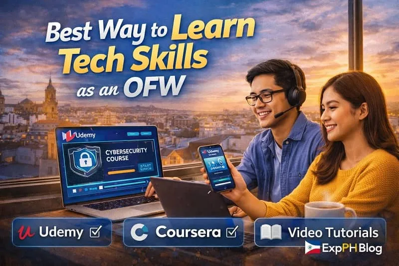 Filipino OFWs learning tech skills online using laptop and mobile devices with online course platforms and ExpPH Blog logo