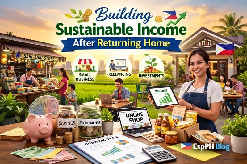 Filipina returning OFW running a small business stall while accepting digital payment, representing sustainable income opportunities after returning home.