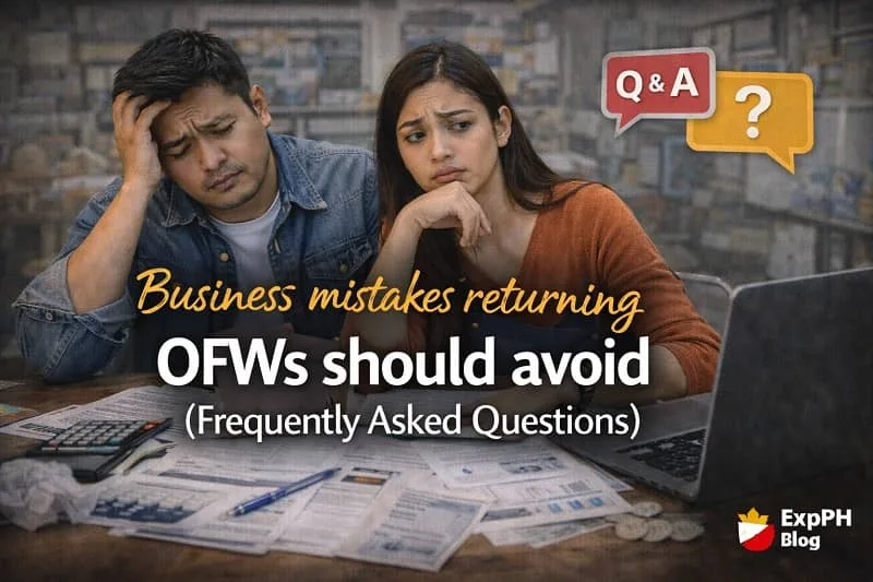 Filipino couple reviewing business documents with worried expressions while discussing common business mistakes returning OFWs should avoid in a FAQ section.