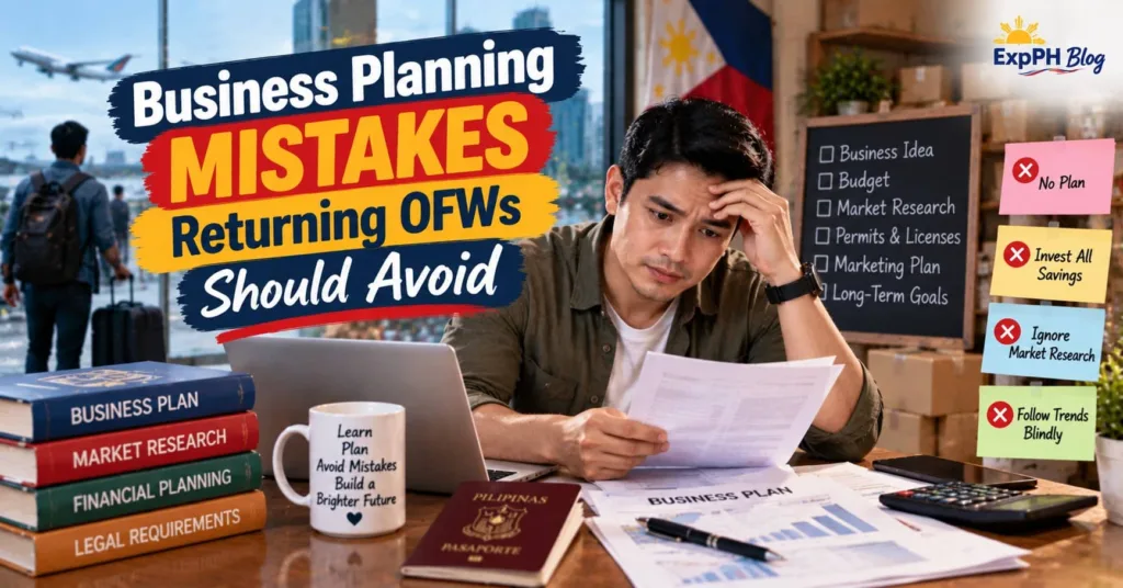 A Filipino returning OFW reviewing business plans, financial documents, and a laptop while considering common mistakes to avoid when starting a business in the Philippines.