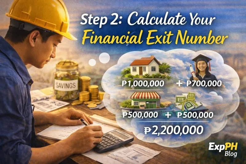 Filipino OFW computing savings with calculator, notebook, cash, and house model, with ExpPH Blog logo displayed