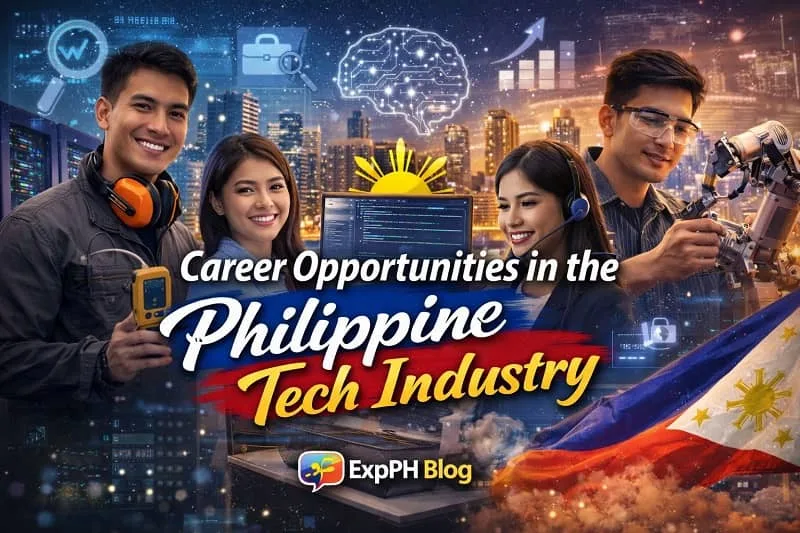 Filipino professionals working in different tech careers including programming, customer support, engineering, and robotics in a modern Philippine city with ExpPH Blog logo