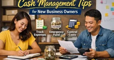 Filipino small business owners managing cash flow and tracking expenses with calculator, savings jar, and notebook while learning cash management tips for new business owners