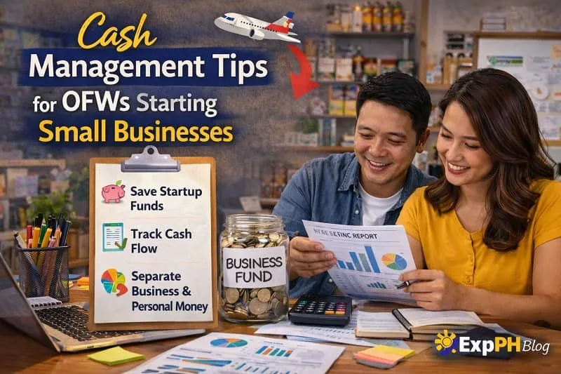 Filipino OFW couple managing small business finances with calculator, savings jar labeled business fund, and financial reports while learning cash management tips.